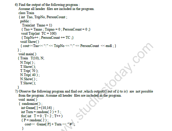 CBSE Class 12 Computer Science C++ Worksheet Set B